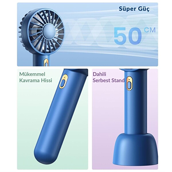 Warmco K30 Taşınabilir Şarjlı Mini El Vantilatörü 1800mAh 3 Kademeli Standlı Soğutucu Fan Lacivert