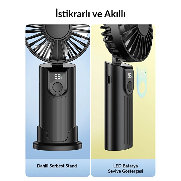 Warmco K38 Ekranlı 4 Kademeli El Vantilatörü 2400mAh Şarjlı Taşınabilir Katlanabilir Standlı Boyun Askılı Soğutucu Fan Pembe