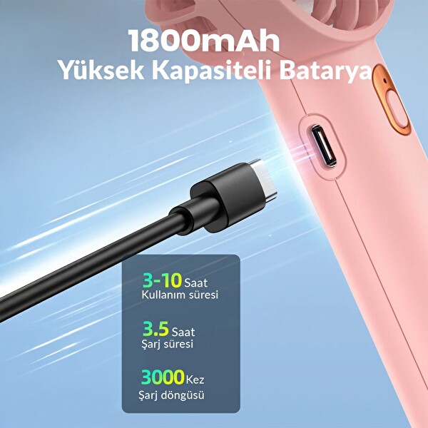 Warmco K30 Taşınabilir Şarjlı Mini El Vantilatörü 1800mAh 3 Kademeli Standlı Soğutucu Fan Pembe