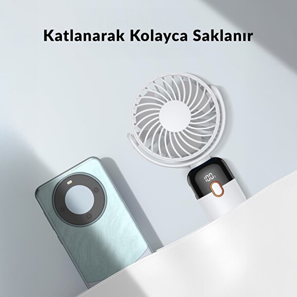 Warmco K70 Taşınabilir Şarjlı El Vantilatörü 2400mAh 360 Derece Döner Başlıklı ve Standlı Dijital Ekranlı Soğutucu Fan Beyaz