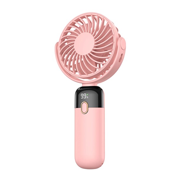 Warmco K70 Taşınabilir Şarjlı El Vantilatörü 2400mAh 360 Derece Döner Başlıklı ve Standlı Dijital Ekranlı Soğutucu Fan Pembe