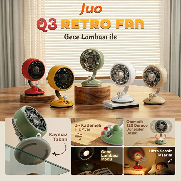 Juo Q3 Şarjlı Masaüstü Fan LED Işıklı Taşınabilir Mini Vantilatör 3 Kademeli Retro Yeşil