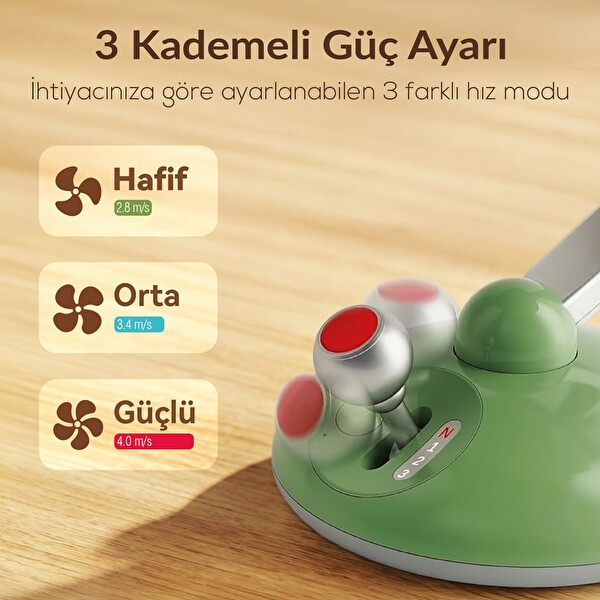 Juo Q3 Şarjlı Masaüstü Fan LED Işıklı Taşınabilir Mini Vantilatör 3 Kademeli Retro Yeşil