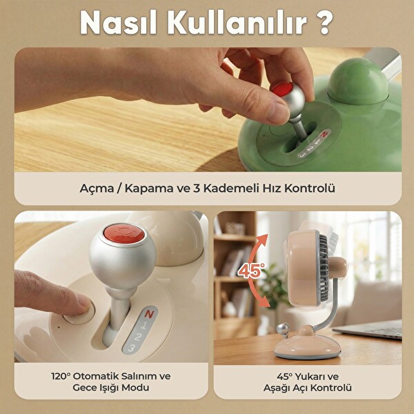 Juo Q3 Şarjlı Masaüstü Fan LED Işıklı Taşınabilir Mini Vantilatör 3 Kademeli Retro Yeşil