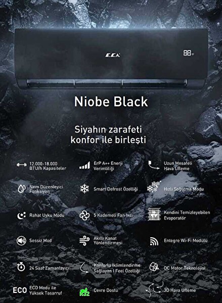 ECA Niobe Black Wifi 18.000 Btu A++ İnverter Klima- Montaj Dahil