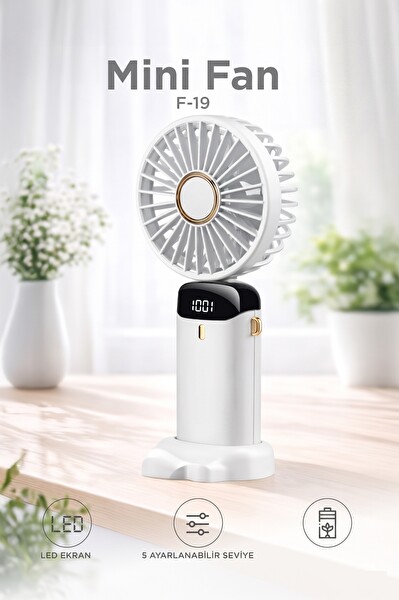 Başkenttekno F19 Şarjlı Masaüstü Vantilatör Dijital Göstergeli 90 Derece Katlanabilir Mini Fan Beyaz