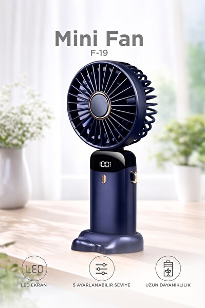 Başkenttekno F19 Şarjlı Masaüstü Vantilatör Dijital Göstergeli 90 Derece Katlanabilir Mini Fan Lacivert