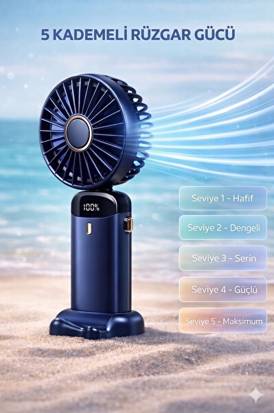 Başkenttekno F19 Şarjlı Masaüstü Vantilatör Dijital Göstergeli 90 Derece Katlanabilir Mini Fan Lacivert
