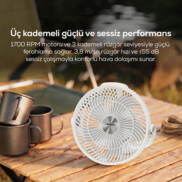 Xenon Smart Taşınabili 8000 mAh Bataryalı Tripodlu Işıklı Sessiz Kamp Vantilatörü X7434 Beyaz