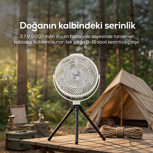 Xenon Smart Taşınabili 8000 mAh Bataryalı Tripodlu Işıklı Sessiz Kamp Vantilatörü X7434 Beyaz