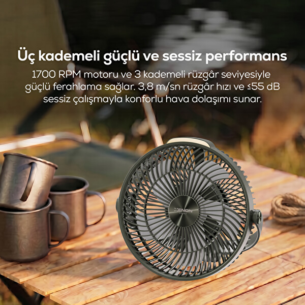 Xenon Smart Taşınabilir 8000 mAh Bataryalı Tripodlu Işıklı Sessiz Kamp Vantilatörü X7434 Yeşil