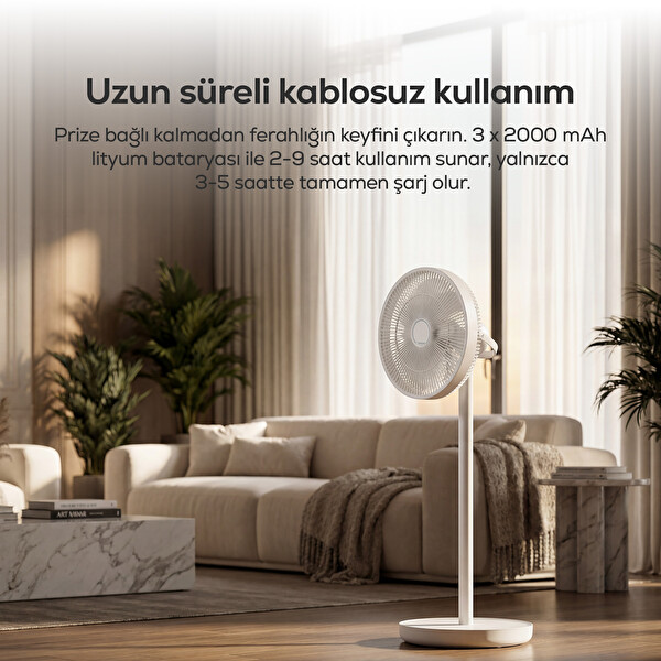 Xenon Smart Taşınabilir 6000 mAh Bataryalı Kumandalı Otomatik Salınım Boy Ayarlı Vantilatör X7435 Beyaz