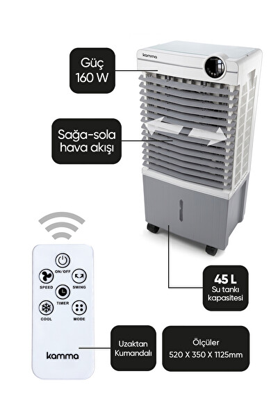 Kamma KAC160 160W 45L Evaporatif Hava Soğutucu - Beyaz Gri