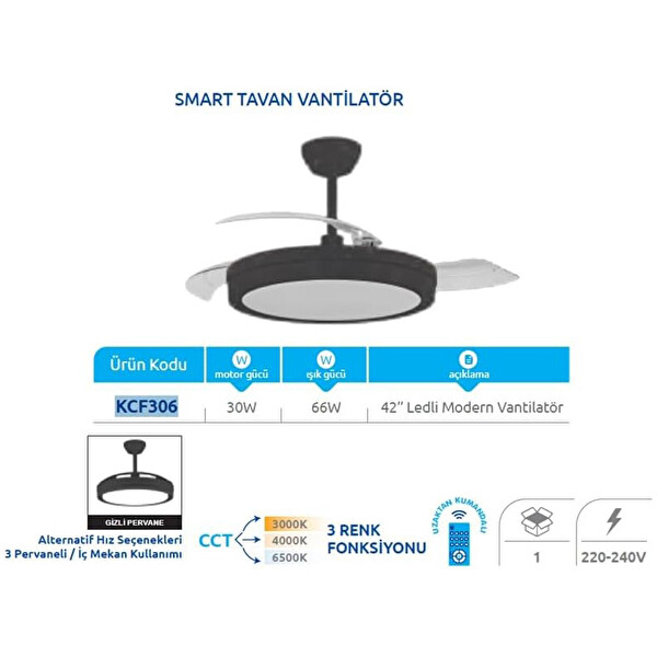 Vanti KCF306 Smart Aydınlatmalı Uzaktan Kumandalı Tavan Vantilatörü