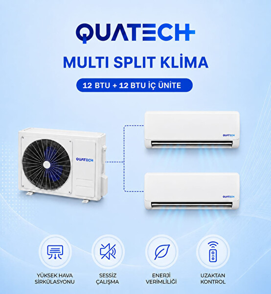 Quatech Multi Split Klima 12.000 + 12.000 Btu/h 1 Dış Ünite 24000 Btu/h A++ Enerji Sınıfı Duvar Tipi Inverter Klima