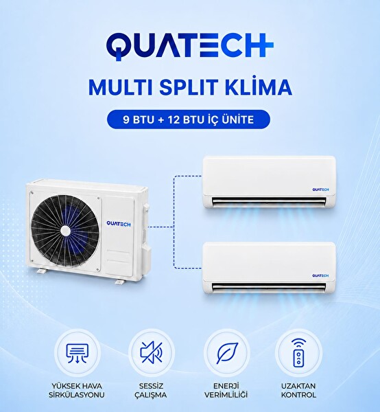 Quatech Multi Split Klima 9.000 + 12.000 Btu/h 1 Dış Ünite 24000 Btu/h A++ Enerji Sınıfı Duvar Tipi Inverter Klima