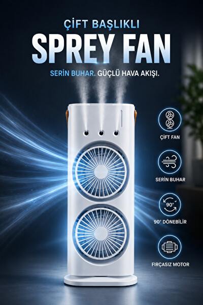 Başkenttekno Sulu Buharlı Çift Başlıklı Masaüstü USB Şarjlı 3 Kademeli LED Işıklı Taşınabilir Fan