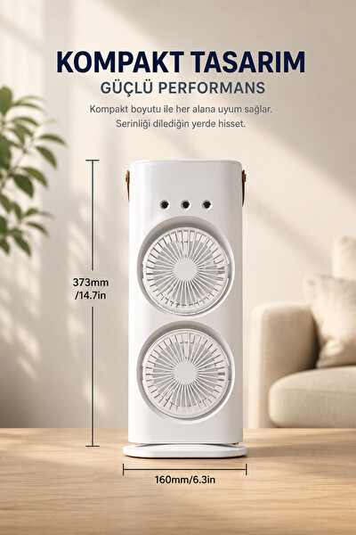 Başkenttekno Sulu Buharlı Çift Başlıklı Masaüstü USB Şarjlı 3 Kademeli LED Işıklı Taşınabilir Fan