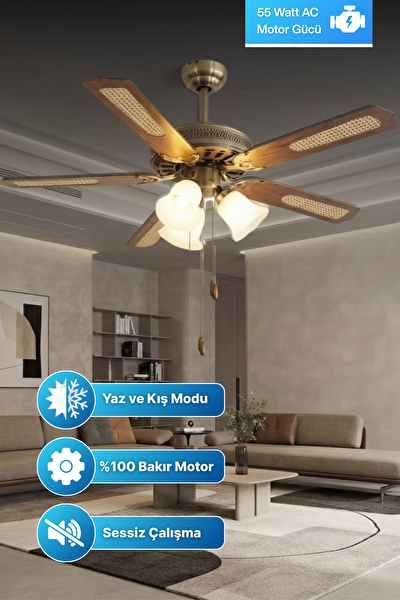Reyo Lodos Ahşap 132 CM İpli Bakır Motor 3 Lambalı Ahşap Tavan Vantilatörü
