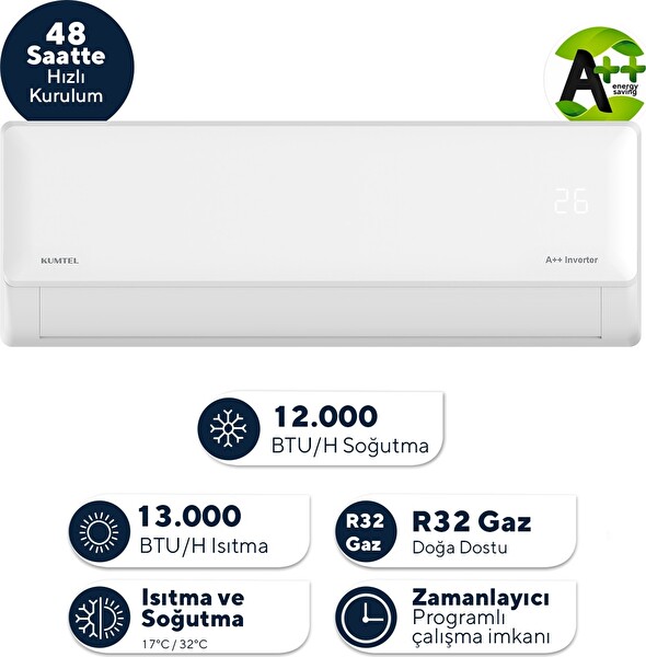 Kumtel Hinoki KMSAC-12 12.000 Btu A++ Inverter Duvar Tipi Split Klima Montaj Dahil