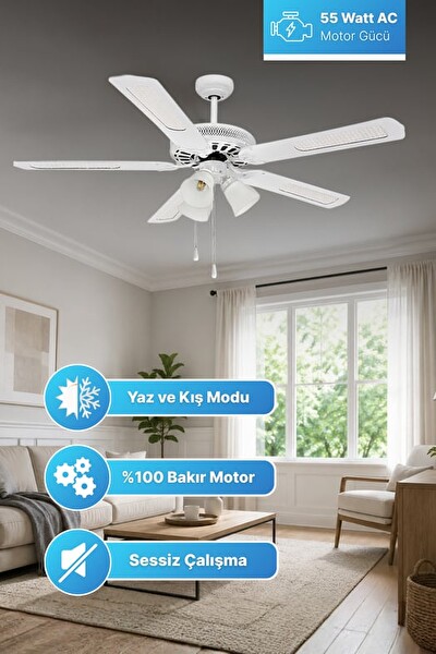 Reyo Lodos Beyaz 132 CM İpli Bakır Motor 3 Lambalı Tavan Vantilatörü Beyaz
