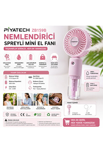 Piyatech ZB159B Şarj Edilebilir Mini El Fanı Ve Su Püskürtmeli Nemlendirici Spreyli Vantilatör Pembe