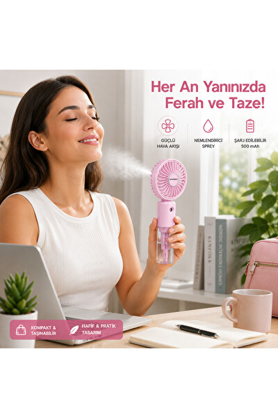 Piyatech ZB159B Şarj Edilebilir Mini El Fanı Ve Su Püskürtmeli Nemlendirici Spreyli Vantilatör Pembe
