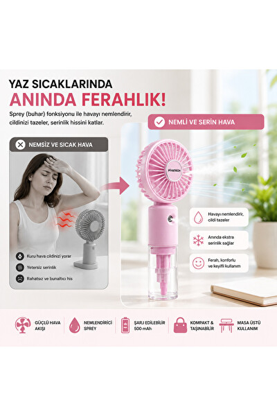 Piyatech ZB159B Şarj Edilebilir Mini El Fanı Ve Su Püskürtmeli Nemlendirici Spreyli Vantilatör Pembe