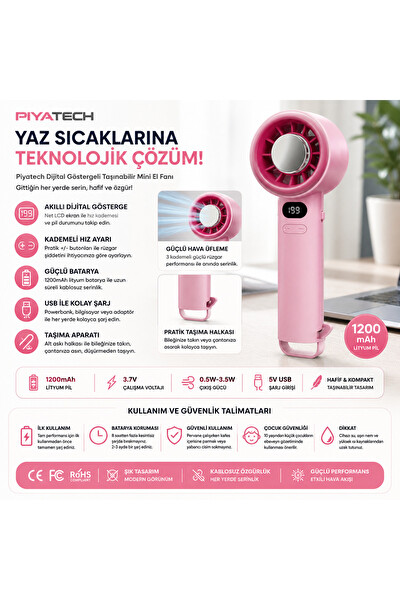 Piyatech ZB171 Dijital Göstergeli Mini El Fanı Taşınabilir USB Şarjlı Cep Vantilatörü