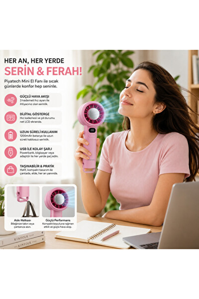 Piyatech ZB171 Dijital Göstergeli Mini El Fanı Taşınabilir USB Şarjlı Cep Vantilatörü