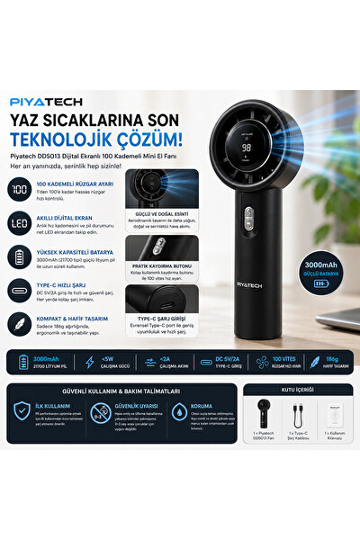 Piyatech DD5013 Dijital Göstergeli Ultra Yüksek Hızlı Mini El Fanı 100 Vites Ayarlı Taşınabilir Nesil Usb Vantilatör