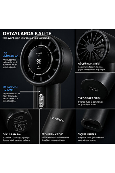 Piyatech DD5013 Dijital Göstergeli Ultra Yüksek Hızlı Mini El Fanı 100 Vites Ayarlı Taşınabilir Nesil Usb Vantilatör