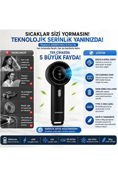 Piyatech DD5013 Dijital Göstergeli Ultra Yüksek Hızlı Mini El Fanı 100 Vites Ayarlı Taşınabilir Nesil Usb Vantilatör