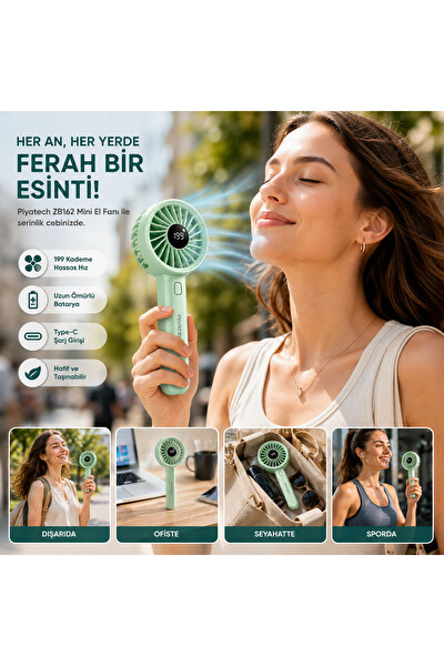 Piyatech ZB162 Dijital Göstergeli Mini El Fanı Şarj Edilebilir Taşınabilir Cep Vantilatörü Mint Yeşili