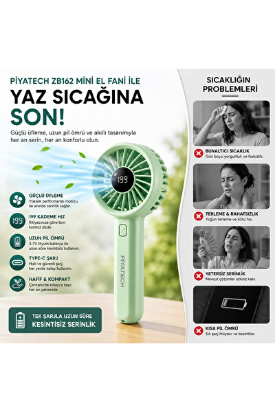 Piyatech ZB162 Dijital Göstergeli Mini El Fanı Şarj Edilebilir Taşınabilir Cep Vantilatörü Mint Yeşili