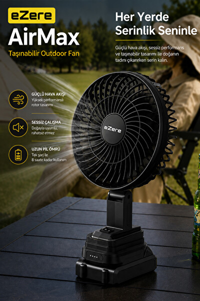 Ezere ST-7997 AirMax Şarjlı Taşınabilir Outdoor Fan Siyah Vantilatör