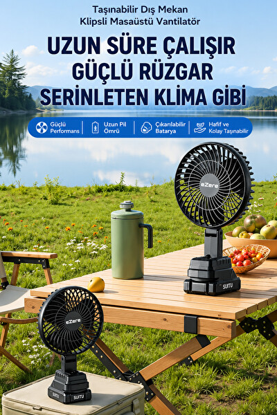 Ezere ST-7997 AirMax Şarjlı Taşınabilir Outdoor Fan Siyah Vantilatör