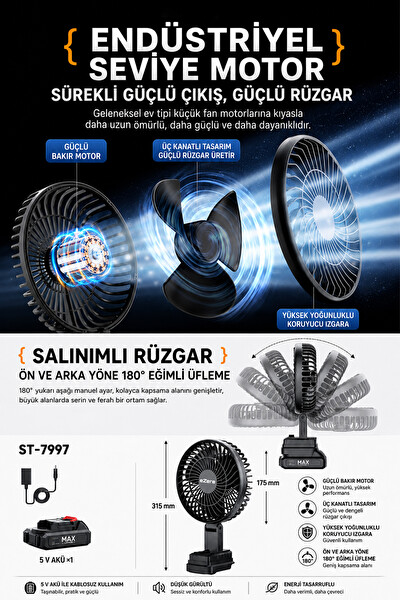 Ezere ST-7997 AirMax Şarjlı Taşınabilir Outdoor Fan Siyah Vantilatör