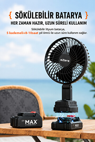 Ezere ST-7997 AirMax Şarjlı Taşınabilir Outdoor Fan Siyah Vantilatör