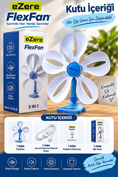 Ezere FlexFan Klipsli Elektrikli Vantilatör Mini Fan Beyaz