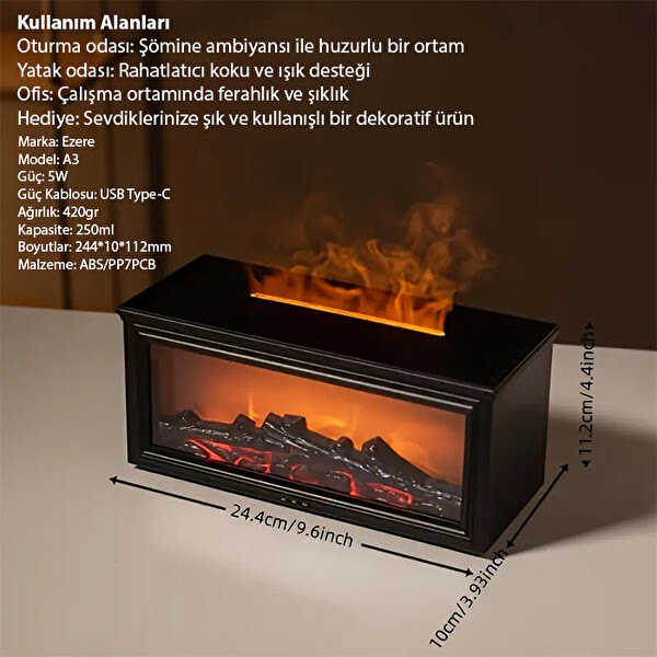 Ezere A4 Şömine Esintili Aromaterapi Difüzörü Ultrasonik Hava Nemlendici Siyah