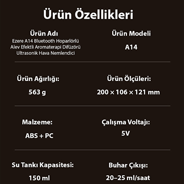Ezere A14 Bluetooth Hoparlörlü Alev Efektli 8 Sesli Renkli Alev Görünümlü Ultrasonik Hava Nemlendici Siyah