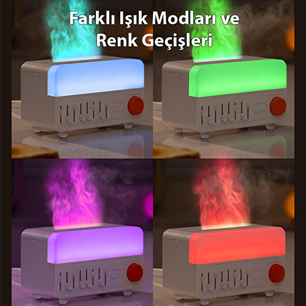 Ezere A14 Bluetooth Hoparlörlü Alev Efektli 8 Sesli Renkli Alev Görünümlü Ultrasonik Hava Nemlendici Beyaz