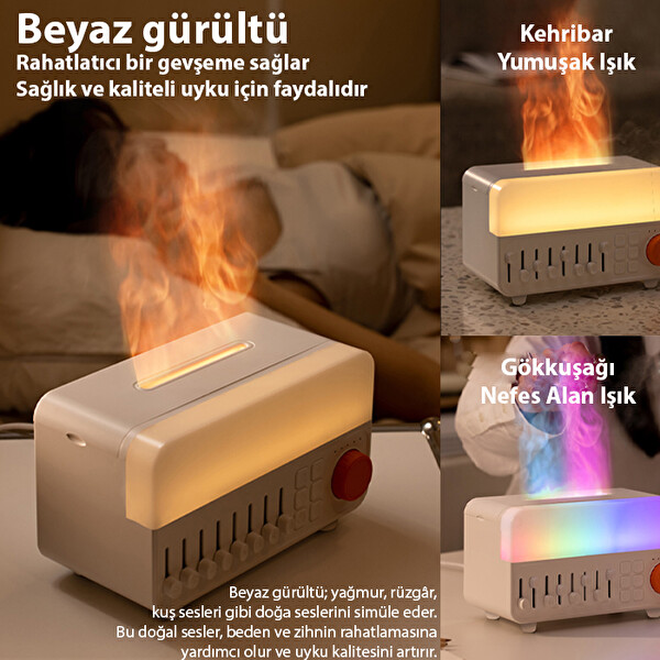 Ezere A14 Bluetooth Hoparlörlü Alev Efektli 8 Sesli Renkli Alev Görünümlü Ultrasonik Hava Nemlendici Beyaz