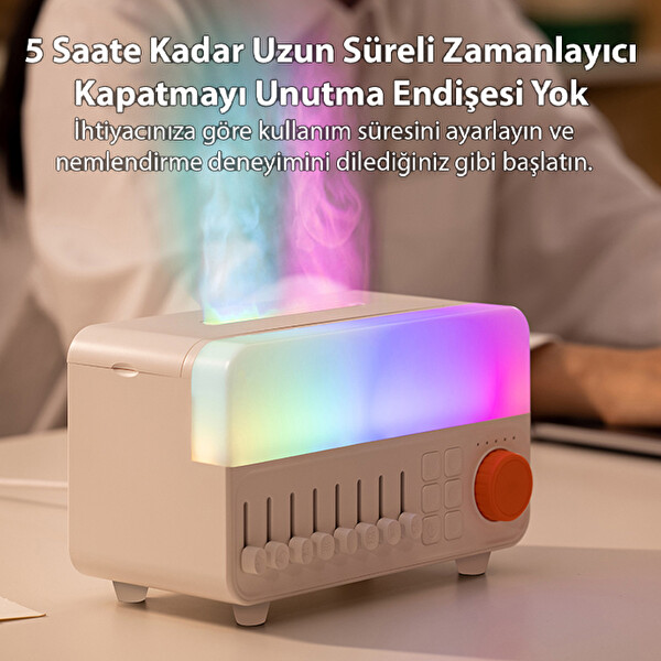 Ezere A14 Bluetooth Hoparlörlü Alev Efektli 8 Sesli Renkli Alev Görünümlü Ultrasonik Hava Nemlendici Beyaz