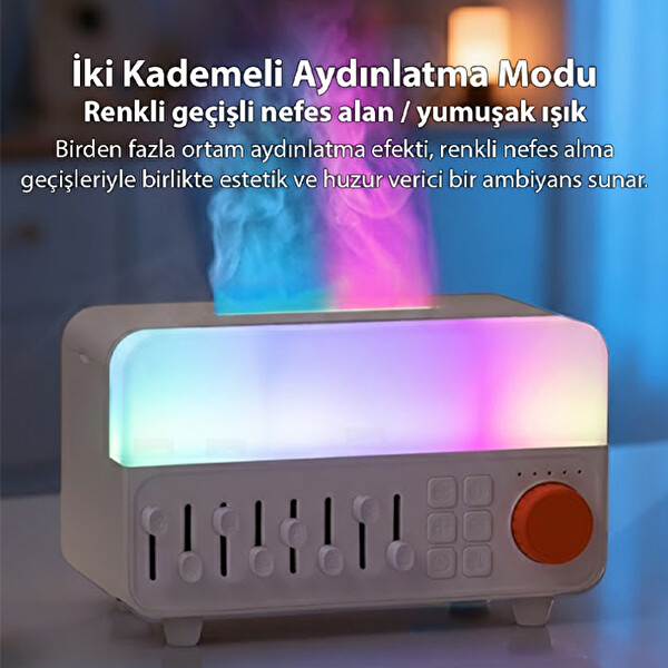 Ezere A14 Bluetooth Hoparlörlü Alev Efektli 8 Sesli Renkli Alev Görünümlü Ultrasonik Hava Nemlendici Beyaz
