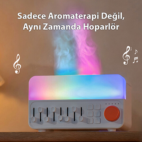 Ezere A14 Bluetooth Hoparlörlü Alev Efektli 8 Sesli Renkli Alev Görünümlü Ultrasonik Hava Nemlendici Beyaz