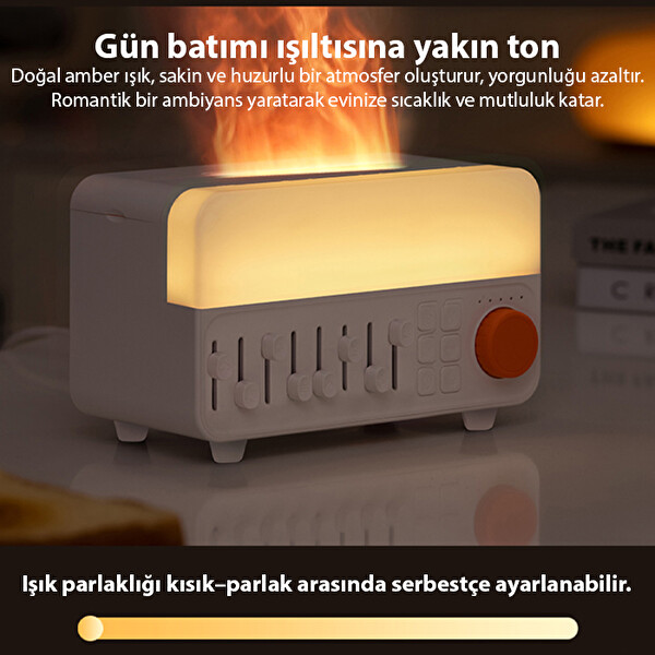 Ezere A14 Bluetooth Hoparlörlü Alev Efektli 8 Sesli Renkli Alev Görünümlü Ultrasonik Hava Nemlendici Beyaz