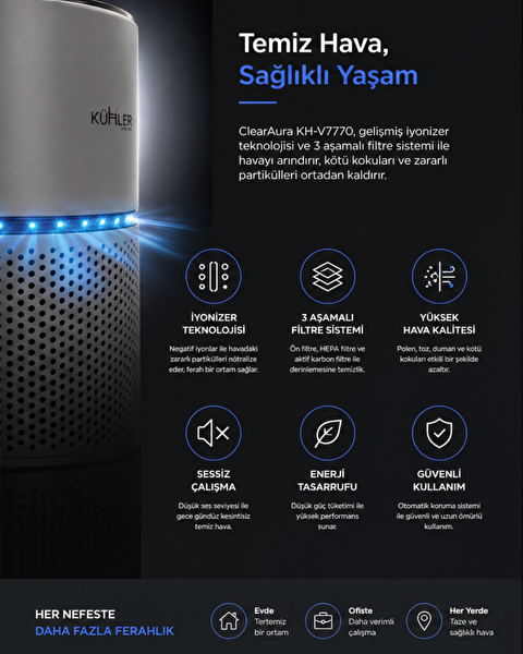 Kühler KH-V7770 ClearAura Hava Temizleyici - İyonizer & 3 Aşamalı Filtre