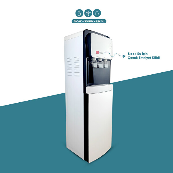 İdeal Mağaza BG-90 Sıcak Soğuk Ilık 3 Musluklu Tam Boy Arıtmalı Su Sebili Siyah Beyaz